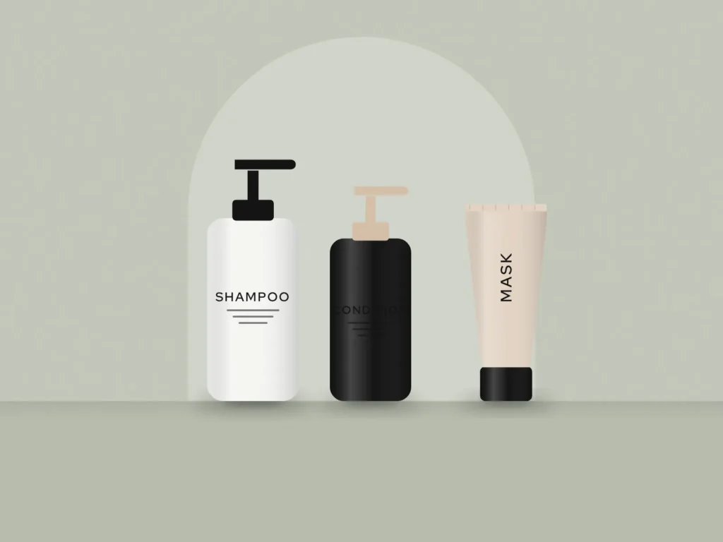 Shampoo, conditioner and hair mask bottles